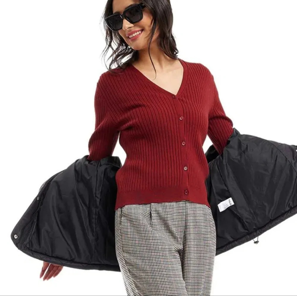 Chaus Button Down Cardigan Silk Women's Red Size M